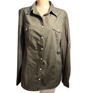 Tommy Hilfiger Olive Green 100% Cotton Button Up Shirt Top sz L